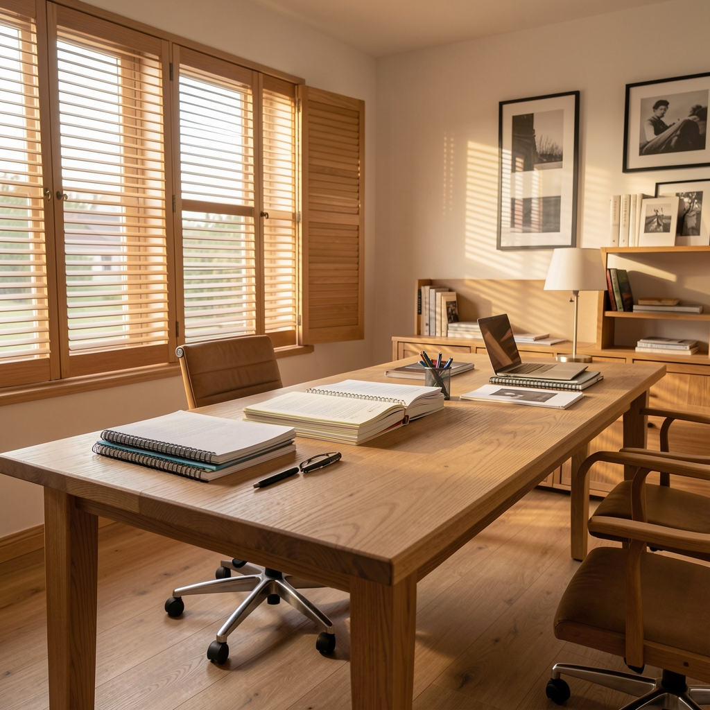 Editorial workspace with stacked research journals, a green potted plant, and afternoon light entering through tall windows