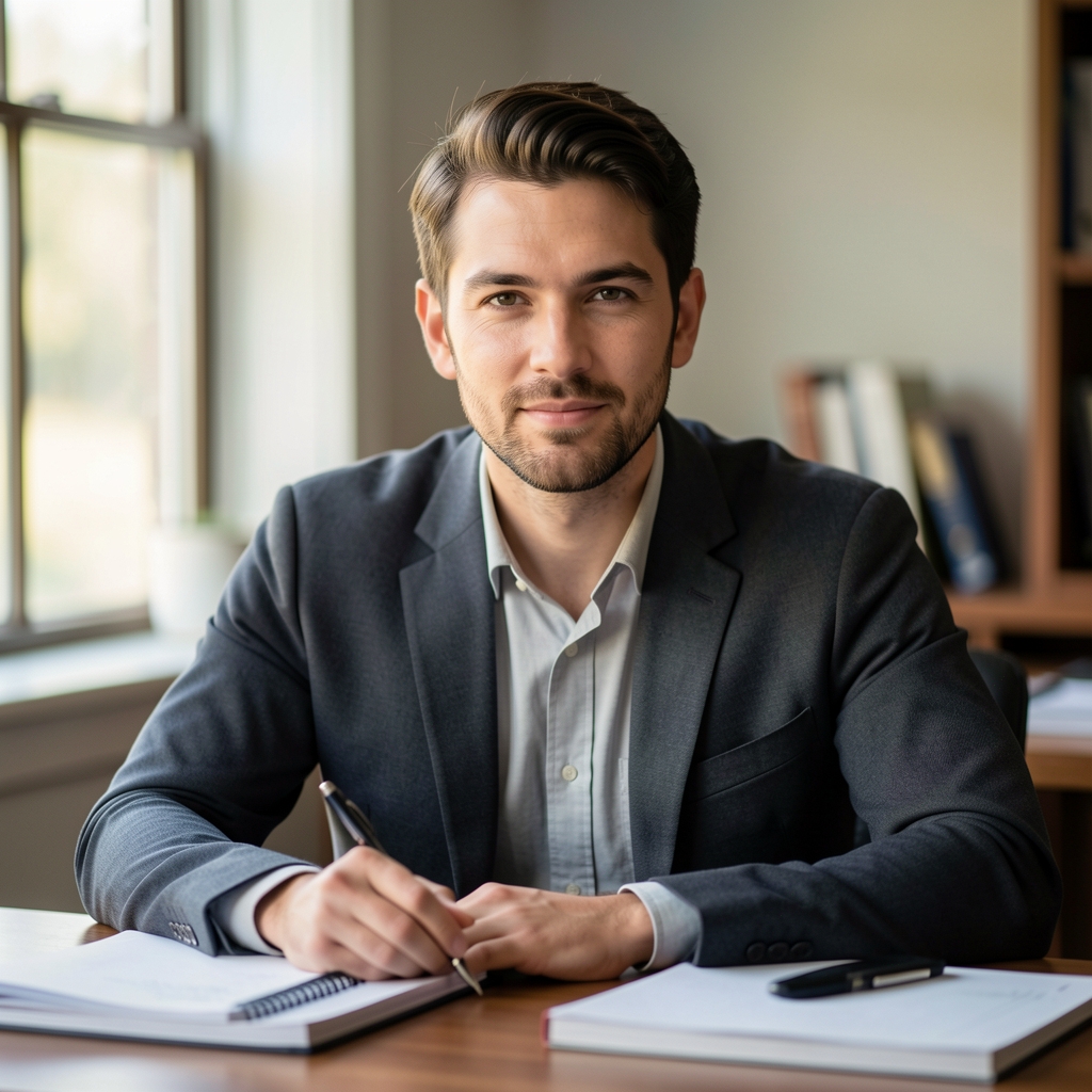 Editorial portrait of a man in his thirties seated at a desk with research notebooks, soft natural light from a window to his left