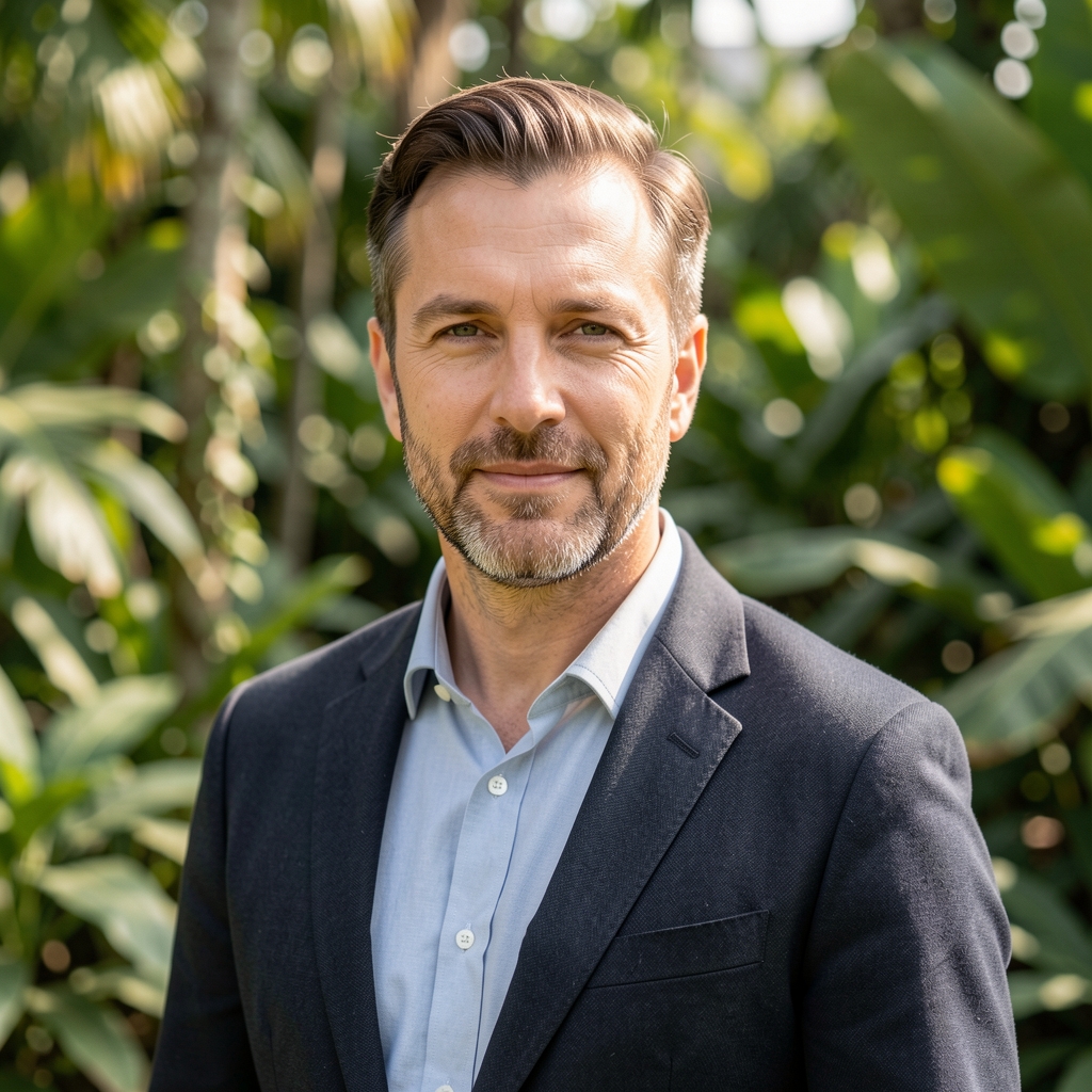 Editorial portrait of a man in his forties standing outdoors in a green botanical garden setting, natural afternoon light