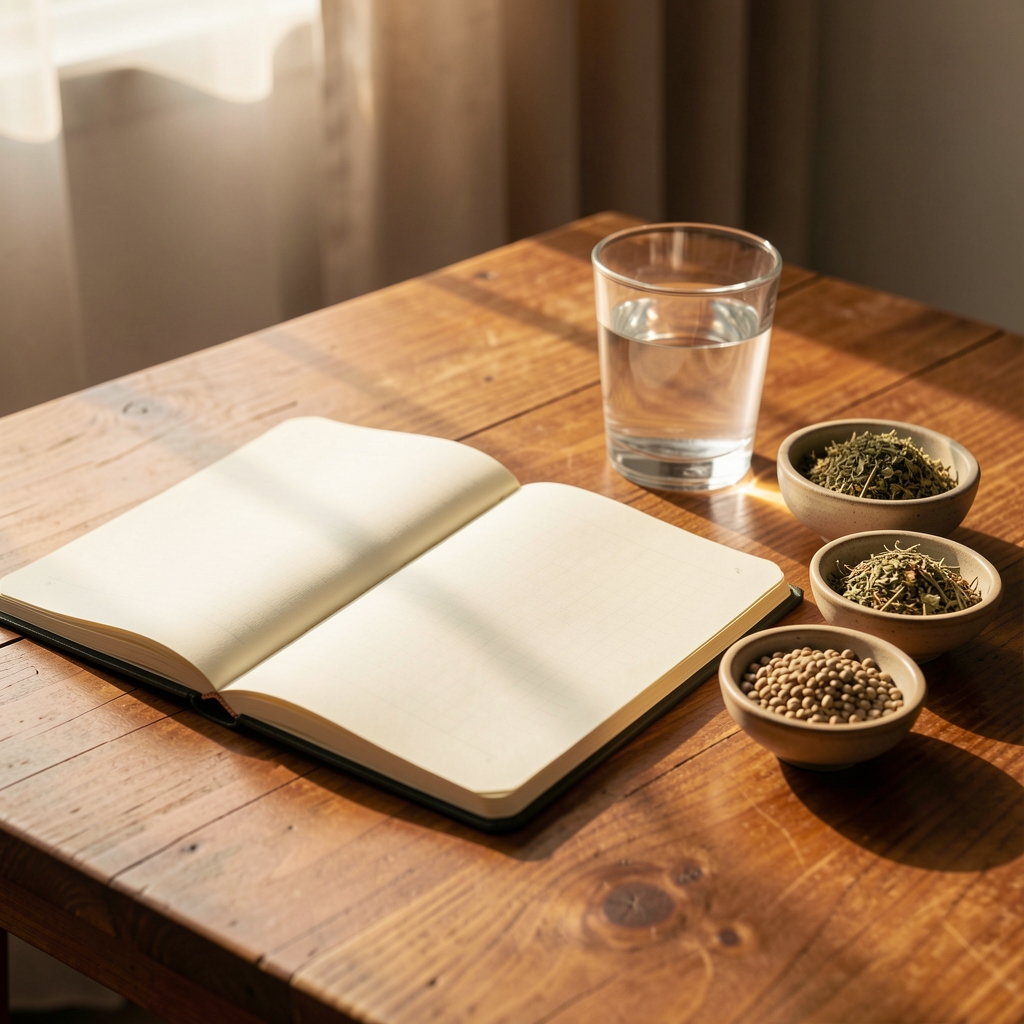 Wooden desk with open notebook, glass of water, and small bowls of dried herbs and seeds in warm morning light, Jakarta studio
