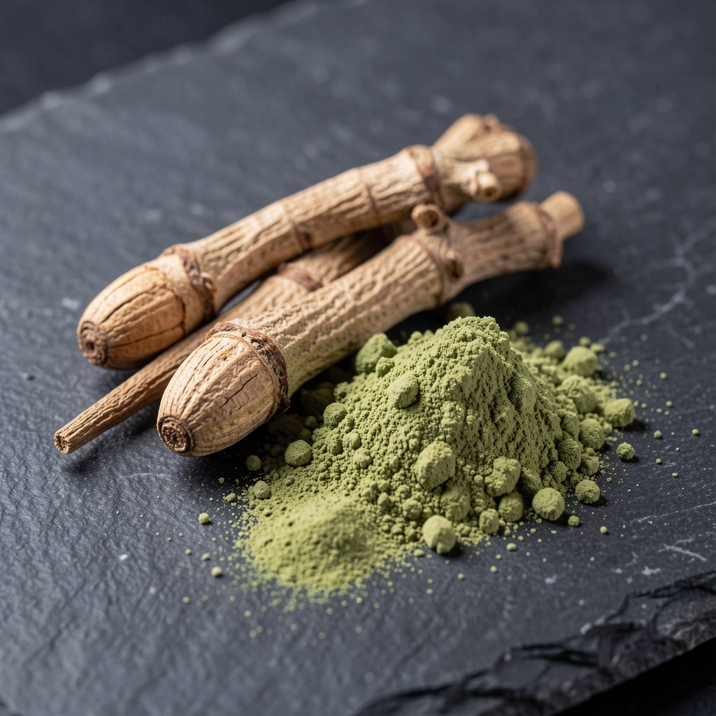 Close-up of dried ashwagandha root and green botanical powder arranged on a dark stone surface with controlled studio lighting