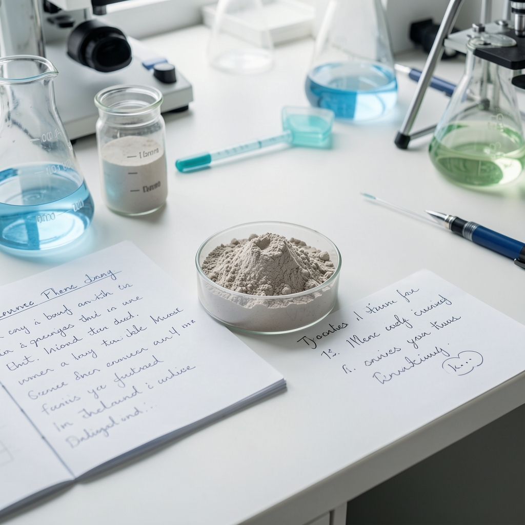 Scientific reference materials and handwritten notes on a clean workspace with a plant-derived mineral powder sample under bright laboratory lighting